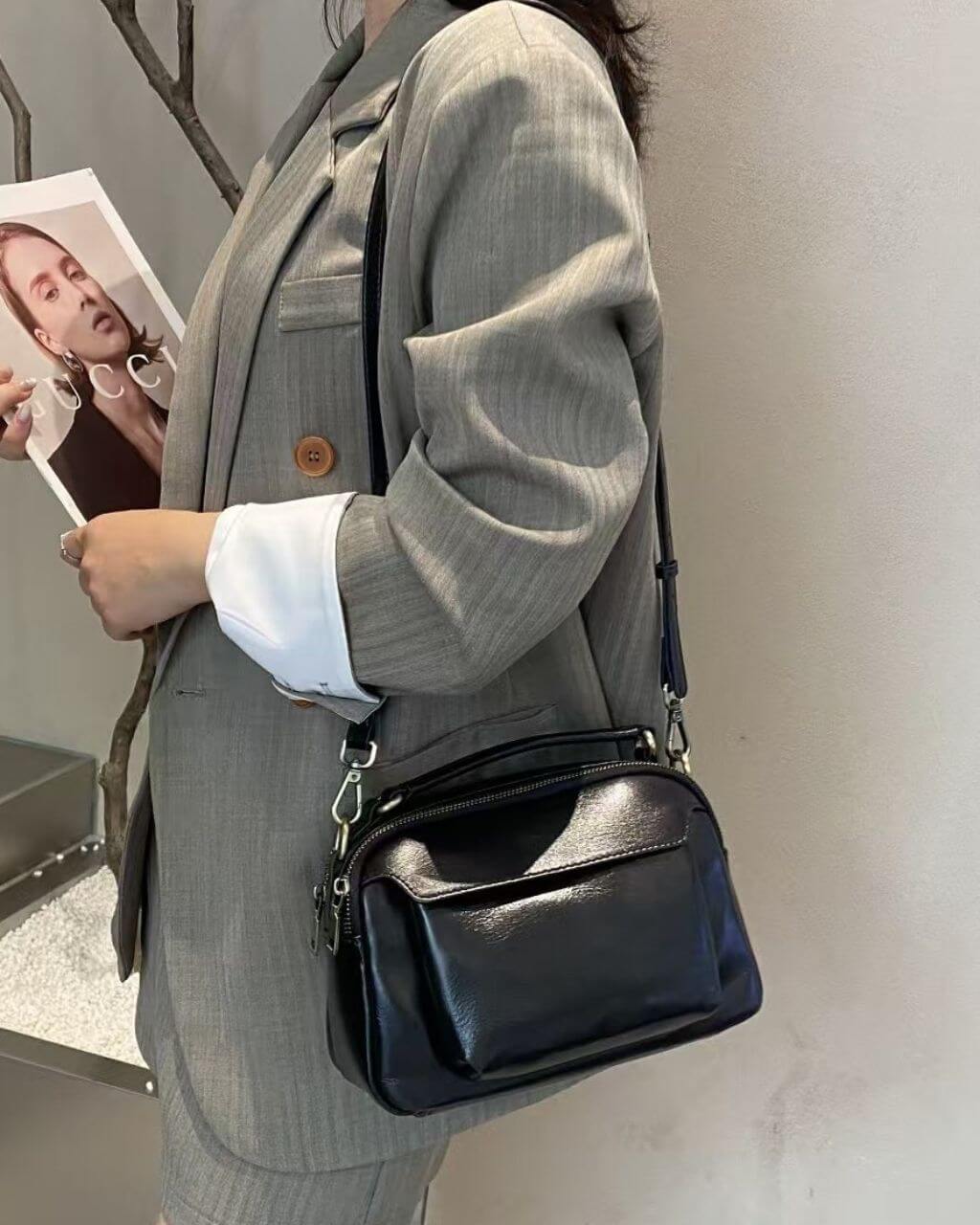 Clavia Black Leather Camera Crossbody Bag