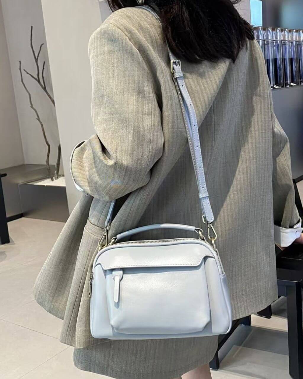 Clavia Light Blue Leather Camera Crossbody Bag – Stylish Structured Crossbody Bag for Women NZ