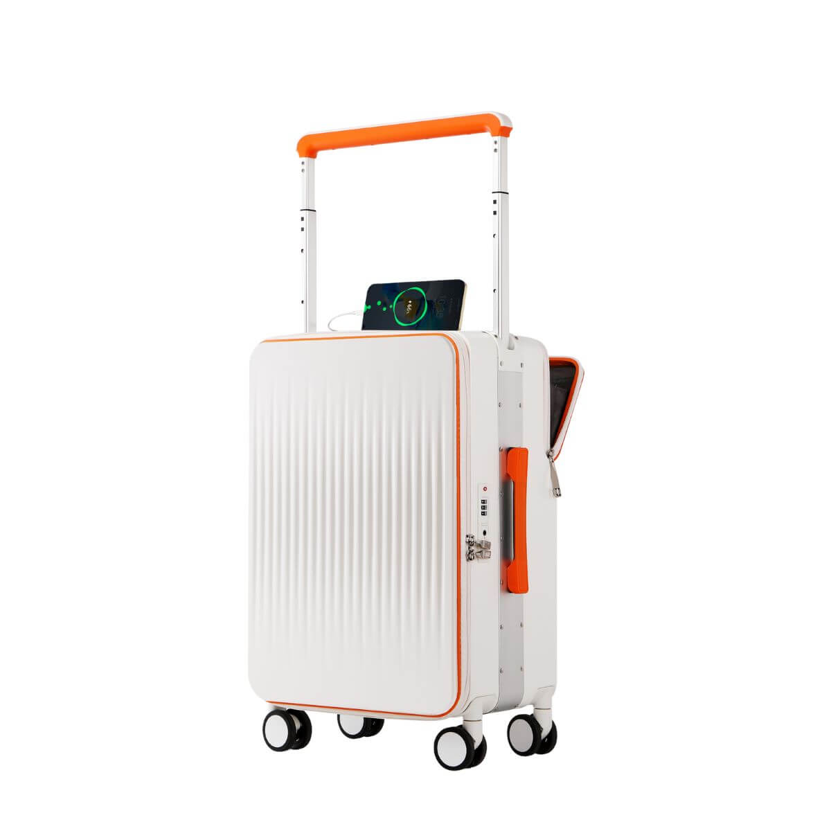 NeoMove 20 Inch Smart Carry-On Suitcase with USB Charging – White & Orange